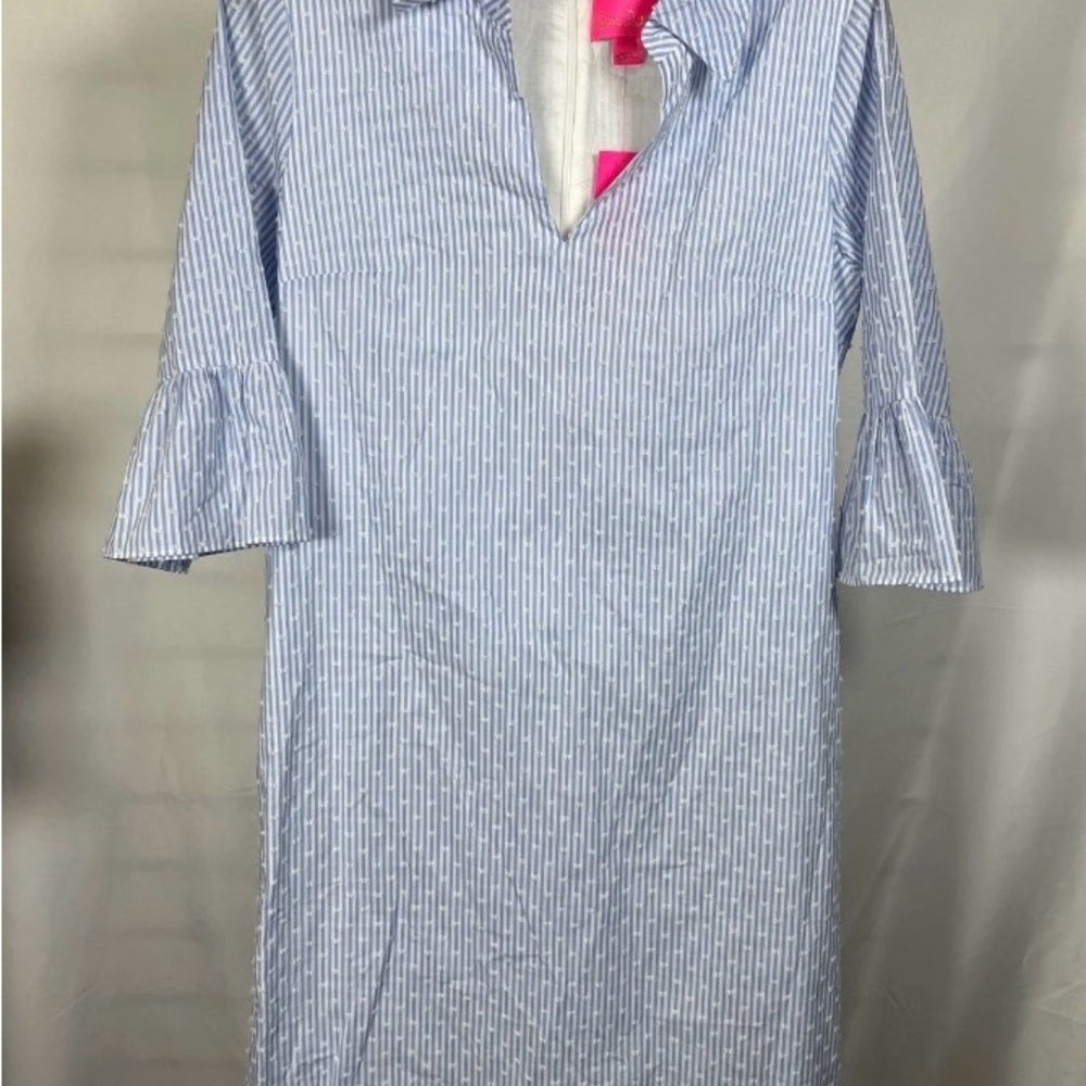 Lilly Pulitzer Blue & White Striped Midi Shift Dress with Ruffle Sleeves